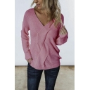 Casual Plain Long Sleeve V-Neck Cable Knitted Relaxed Fit Pullover Sweater Top for Women