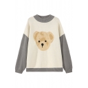 Cute Kawaii Girls' Long Sleeve Crew Neck Bear Printed Contrasted Knit Boxy Pullover Sweater in Grey
