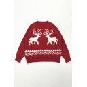 Unique Christmas Elk Pattern Long Sleeve Round Neck Loose Pullover Sweater for Students