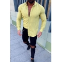 Mens Street Fashion Solid Color Long Sleeve Turndown Collar Slim Fit Linen Shirt