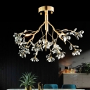 3 Heads Branch Ceiling Lamp Traditional Gold Crystal Flower Semi Flush Mount Light