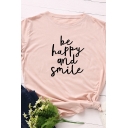 Street Basic Roll Up Sleeve Crew Neck Letter BE HAPPY AND SMILE Tied Relaxed Tee for Women