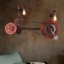 2 Lights Metal Wall Lighting Industrial Aged Copper Bare Bulb Indoor Sconce Light with Gear Design