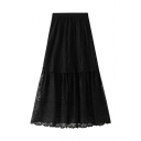 Women's Plain Pretty Elastic Waist Lace Patched Long Pleated A-Line Skirt
