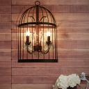 Industrial Birdcage Wall Mount Lamp 2 Lights Metal Wall Sconce Lighting in Rust with Dangling Crystal