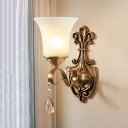 Brass Finish 1/2-Light Wall Lighting Classic Style Opal Glass Bell Wall Lamp with Clear Crystal Accent