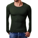 Men's Casual Fashion Plain Pleated Long Sleeve Round Neck Slim Fit Knitwear Pullover Sweater
