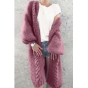 Chic Girls' Balloon Sleeve Cable Knitted Thick Midi Baggy Plain Cardigan Sweater