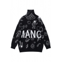 Fancy Letter Cartoon Outer Space Graffiti High Neck Long Sleeve Black Knitted Sweater