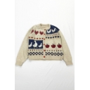 Girls Vintage-Inspired Duck Apple Heart Pattern Jacquard Sweater Knit Cardigan in Khaki