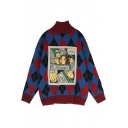Fashion Women's Long Sleeve High Neck Argyle Newspaper Print Chunky Knit Oversize Pullover Sweater in Red