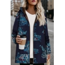 Casual Warm Long Sleeve Hooded Zipper Front Pockets Side Floral Pattern Sherpa Liner Baggy Coat for Women