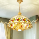 Colonial Dome Hanging Pendant 7 Heads Stained Frosted Glass Chandelier Lighting Fixture in Red
