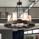 Black 6 Heads Chandelier Light Traditionalism Frosted White Glass Wagon Wheel Suspended Lighting Fixture for Dining Room