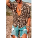 Mens Classic Leopard Pattern Short Sleeve Single Breasted Loose Apricot Shirt
