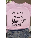 Girls Lovely Cat Letter A CAT Printed Round Neck Short Sleeves Graphic T-Shirt