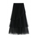 Women's Pretty Elastic Waist Tiered Asymmetric Maxi Plain Pleated A-Line Skirt