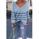 Girls' Basic Trendy Long Sleeve Deep V-Neck Stripe Printed Loose Fit Plain Knit Pullover Sweater Top