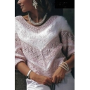 Women's Fancy Batwing Sleeve V-Neck Chevron Eyelash Hollow Knit Patched Baggy Pullover Sweater Top in Pink