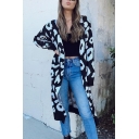 Fashion Cool Girls' Long Sleeve Leopard Print Purl Knit Relaxed Fit Midi Cardigan