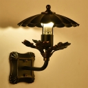 Scalloped Shade Hallway Wall Lamp Metal 1 Bulb Industrial Style Wall Lighting Fixture with Leaf Deco in Black