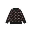 Girls Popular Allover Cherry Print Long Sleeve Crewneck Loose Fit Slouchy Pullover Sweater