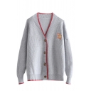 Girls Simple Elephant Embroidery Contrast Trim V-Neck Single Breasted Knit Cardigan