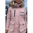 Fashion Street Long Sleeve Hooded Zipper Front Utility Pockets Fluffy Patched Plain Loose Fit Midi Parka Coat for Girls