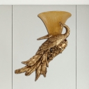 Resin Peacock Flush Wall Sconce Retro Style 1 Head Foyer Gold Wall Lamp with Bell Yellow Glass Shade, Left/Right