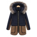 Casual Navy Blue Long Sleeve Hooded Zip Front Fluff Trim Pockets Side Patched Boxy Puffer Coat for Women