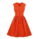 Trendy Ladies' Sleeveless V-Neck Button Down Mid Plain Pleated Flared A-Line Dress