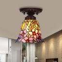 Pink/Blue Cut Glass Floral Flush Mount Light Fixture Mediterranean 1 Light Bronze Ceiling Lighting for Corridor