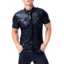 Men's Stylish Chest Pocket Epaulets Short Sleeves Lapel Fitted Black PU Leather Shirt with Tie