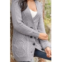 Cozy Elegant Women's Long Sleeve Deep V-Neck Cable Knitted Diamond Print Button Front Loose Midi Cardigan Sweater in Grey