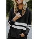 Casual Ladies' Long Sleeve Crew Neck Stripe Print Relaxed Fit Chunky Knit Plain Pullover Sweater Top