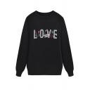 Women's Cozy Trendy Long Sleeve Crew Neck LOVE Letter Print Baggy Sweatshirt in Black