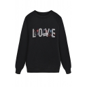 Women's Cozy Trendy Long Sleeve Crew Neck LOVE Letter Print Baggy Sweatshirt in Black