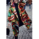 Fashion Unique Ladies' Long Sleeve Notch Collar Abstract Pattern Pocket Side Boxy Long Open Coat in Red