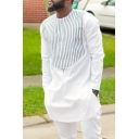 Mens African Fashion Striped Pattern Round Neck Long Sleeve Tunic White Shirt