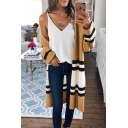 Trendy Girls' Street Long Sleeve Stripe Printed Contrasted Purl Knit Midi Baggy Cardigan