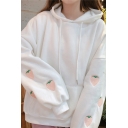 Lovely Embroidered Strawberry Printed Long Sleeve Loose Drawstring Hoodie for Girls