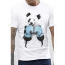 New Fashion Boxing Panda Printed Short Sleeves Crew Neck White Casual T-Shirt