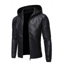 Simple Plain Black Long Sleeve Elastic Cuffs Zip Placket Slim PU Leather Hooded Jacket