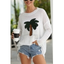 Trendy White Long Sleeve Crew Neck Coconut Palm Slit Side Relaxed Purl-Knit Pullover Sweater Top for Women
