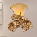 Retro Style Elephant Wall Sconce Fixture 1 Head Golden Resin Wall Mount Light with Yellow Glass Bell Shade