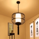 Black Lantern Down Lighting Pendant Chinese Fabric 1 Light Restaurant Ceiling Suspension Lamp