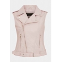Chic Women's Sleeveless Notch Collar Zipper Front Buckle Belted Slim Fit Leather Plain Vest