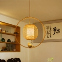 Globe Ceiling Pendant Lamp Modern Bamboo 1 Light Dining Room Hanging Light in Beige with Bird Deco
