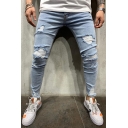 Mens Simple Light Blue Zipper Fly Ripped Frayed Skinny Jeans