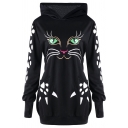 Funny Cartoon Cat Face Printed Long Sleeve Dual Pocket Slim Fit Bear Ear Hoodie